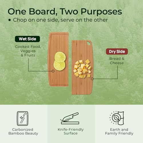 Keechee Dishwasher Safe Carbonized Bamboo Wood Cutting Boards for Kitchen with Juice Groove, Wooden Charcuterie & Chopping for Fruit, Vegetables & Cheese, Durable, Lightweight, Water-Resistant - size: 10.4"L x 8"W