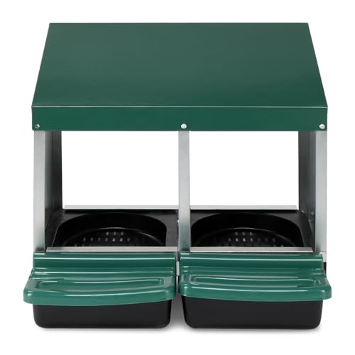 2 Compartment Roll Out Chicken Nesting Box, Metal Poultry Hen Laying Box with Sloped Plastic Trays and Perch, Easy Egg Collection Nest Box for Chicken Coop, Green & Silver