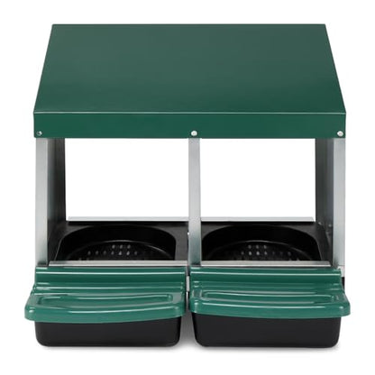 2 Compartment Roll Out Chicken Nesting Box, Metal Poultry Hen Laying Box with Sloped Plastic Trays and Perch, Easy Egg Collection Nest Box for Chicken Coop, Green & Silver