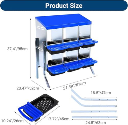6 Hole Chicken Nesting Boxes - Nesting Boxes Chicken with Roll Away Design & Lid Cover,Easy Egg Collection, Hen Roosting Nest, Durable Poultry Laying Boxes for Hens - color: Blue, size: 6 Cells with Legs