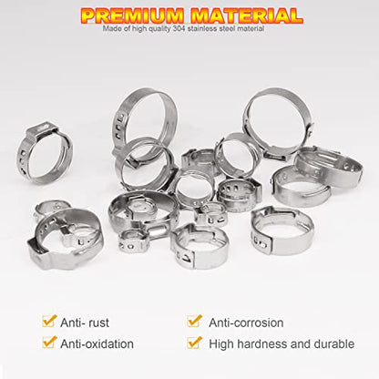 AKIHISA 420Pcs 20 sizes Single Ear Hose Clamps, 7-28.6mm 304 Stainless Steel Pex Crimp Rings Kit, Crimp Hose Clamp Assortment Set for Securing Pipe Hoses and Automotive Use - size: 420Pcs (7.0-28.6mm)