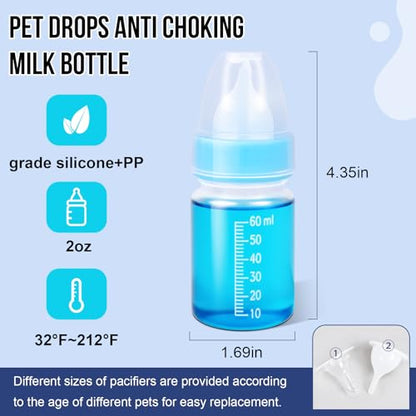 ASEVAT 2 oz 3Pack Kitten Bottles for Nursing,Puppy Bottles for Nursing Puppy Milk, Anti-Choking Puppy Feeder Design,with 4pcs Replaceable and Reusable Silicone Nipples - color: Blue