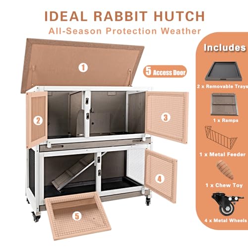 Gowoodhut 36" L Rabbit Hutch Indoor Wooden 2 Story Bunny Hutch Rabbit Cage Outdoor Bunny Cage on 4 Metal Wheels and 2 Deeper Pull Out Trays, Ramp, Guinea Pig Pet House for Small Animals, Grey - size: 36.0"L x 17.7"W x 36.2"H
