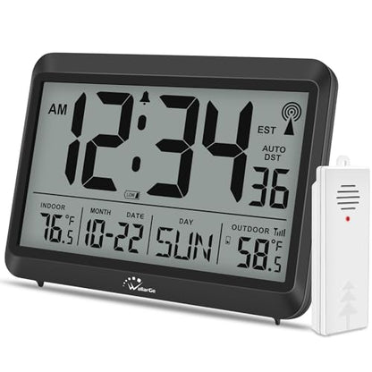 WallarGe Atomic Clock with Indoor Outdoor Temperature - 8.5'' Digital Clock Battery Operated, Self-Setting, 4 Time Zones, DST - size: 8.5 INCH