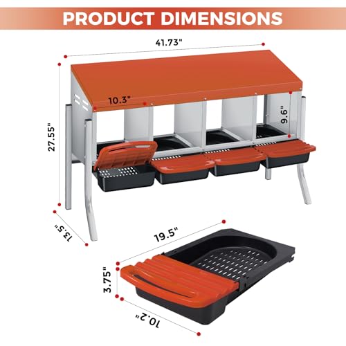 Chicken Nesting Box 4-Compartment Roll-Out with Pull-Out Trays, Egg Nesting Boxes for Hens, Chicken Coop Laying Box,Easy Wall Mounting with Metal Legs