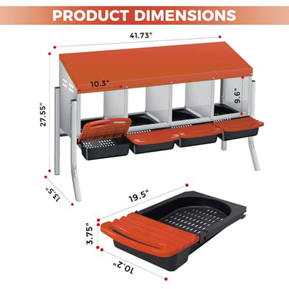 Chicken Nesting Box 4-Compartment Roll-Out with Pull-Out Trays, Egg Nesting Boxes for Hens, Chicken Coop Laying Box,Easy Wall Mounting with Metal Legs