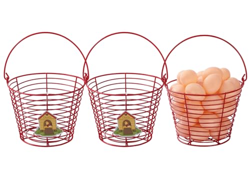 3 Pack 8 Inches Metal Mesh Wire Egg Collecting Basket with Handle Portable Garden Vegetable Fruit Storage Lightweight Hanging for Kitchen Farmhouse Gathering Picnic (Red-Thickened Version) - color: Red-Thickened Version