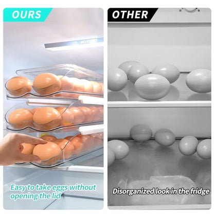 RoskDeewat Egg Holder for Fridge, Automatic Rolling Egg Container for Refrigerator, Stackable Fridge Organizers and Storage with Lid, Clear Plastic Egg Dispenser,Bin & Tray (1 Tier) - size: 1 Tier Holder 14 Eggs