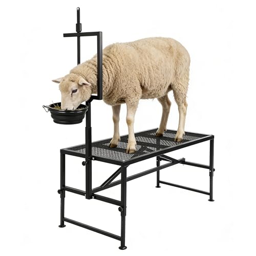 Goat Milking Stand with Feed Bin, 600 LBS Heavy Duty Sheep Trimming Stand, Adjustable Headpiece Livestock Stanchion, Stable Metal Hoof Trimming Platform for Grooming & Shearing, Farm Equipment