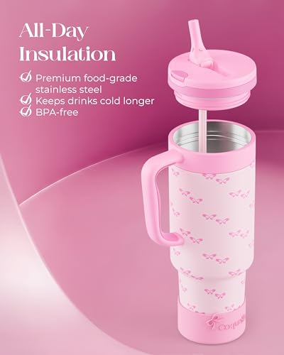 40 oz Insulated Tumbler with Handle and Push-Button Straw Lid, Stainless Steel Travel Cup for Gym Office Leakproof, BPA-Free, Cup Holder Friendly, Bow Silicone Boot, Pink (Coquette Bubblegum) - color: Coquette Bubblegum