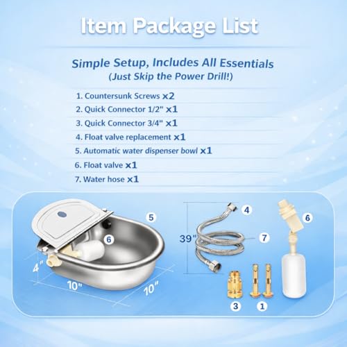 Automatic Animal Drinking Water Bowl with Float Valve, 304 Stainless Steel Auto-Filling Waterer Kit with Bowl, Pipe, 2 Valves, Quick Connect Adapter, Mounting Bolts for Livestock, Farm, Pet Use