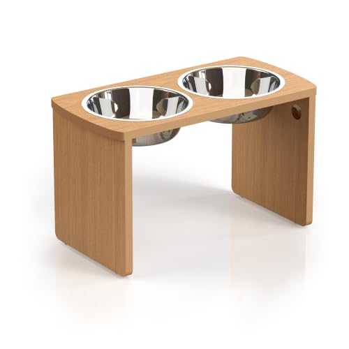 Elevated Dog Bowls, Waterproof Raised Dog Bowl for Medium & Large Dogs, HIPS Poly Lumber Stand with 2 Stainless Steel Bowls (HIPS Poly Lumber, Teak-Color) - color: Natural, size: X Large: 13'' Tall-68 oz Bowl