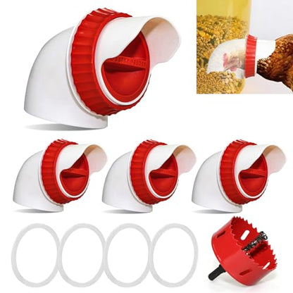 4PACK No Waste Chicken Feeder Ports - DIY Chicken Feeder Kit with Hole Saw - Chicken Feeder Cups for Bucket,Barrels,Bins,Troughs - size: 4 port with holesaw