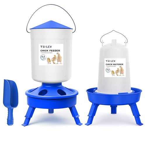 Chick Feeder and Waterer Set with 3 Adjustable Height, Scoop, 0.8Gal Top Fill Chick Feeder and 0.4Gal Waterer Anti-Drown for Raising Chicks in Brooder Blue - size: 0.8Gal Feeder & 0.4Gal Waterer