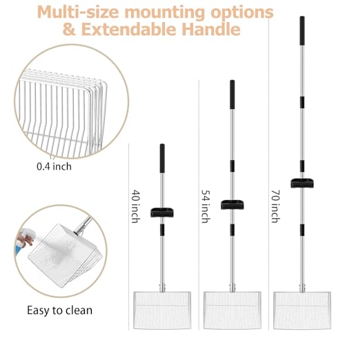 15-inch Large Chicken Poop Scooper with Ergonomic Grip, 4 in 1 Adjustable Chicken Coop Pooper Shovel (24 to 70"), Sifting Litter Shovel for Chicken Coop/Goat Stall/Stable Cleaning