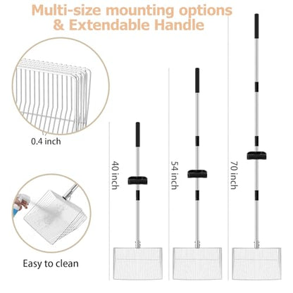 15-inch Large Chicken Poop Scooper with Ergonomic Grip, 4 in 1 Adjustable Chicken Coop Pooper Shovel (24 to 70"), Sifting Litter Shovel for Chicken Coop/Goat Stall/Stable Cleaning