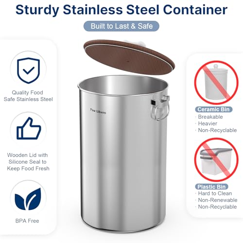 Paw Libero 2PK 35 Lbs total 70Lbs Stainless Steel Dog Food Storage Container with Airtight Wooden Lid & Ceramic Bone Handle, Large Metal Dog Food Bin for Dogs & Cats, Keep Fresh, Easy to Clean - size: 35 lbs - 2pk