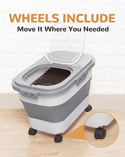 20-23 Lbs Dog Food Storage Container - Collapsible Dog Food Container with Attachable Casters and Scoop,Travel Silicone Bowl, Pet Food Storage Containers to Keep Dry Food Fresh,Easy to Move - color: Grey