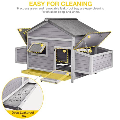 Wooden Chicken Coop, Large Hen House with Weather-Resistant Asphalt Roof, Easy to Clean with Removable Metal Tray, Ideal for 3-4 Chickens, Duck, Rabbits & Small Animals - color: Grey, size: 67.3"L x 36.8"W x 40.6"H