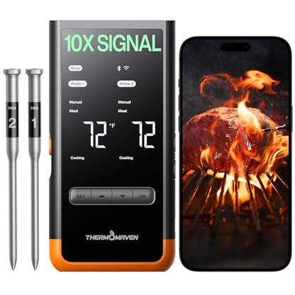 ThermoMaven Sub-1G Wireless Meat Thermometer, 2 Probes WiFi Thermometer | 3000FT Open Range, Smart App + Base Control, 6 Sensor NIST ±0.5°F Accuracy, BBQ Smoker Grill Oven, Brisket Steak Turkey Pork - color: Orange-Dual Probe