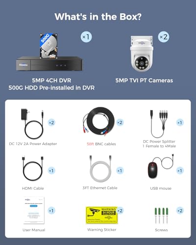 Hiseeu 360°View PTZ Wired Security Camera System,4ch 5MP DVR,2PCS Cameras | Smart Color Night Vision,Audio,Person/Vehicle Detection,500G HDD,Home CCTV Camera System - color: White 2 CH