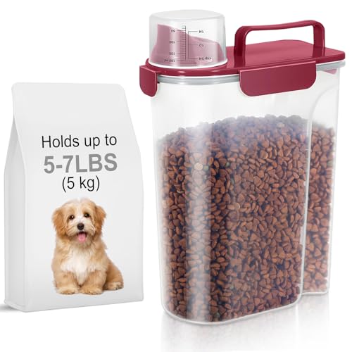 LEAWALK 5-7Lbs Dog Cat Food Storage Container with Upgraded Large Nozzle BPA-free, 4 Snap Seals Plastic Pet Food Storage Containers with Handles (Elegant Red, 5L-1pack) - color: Elegant Red, size: 5L-1pack