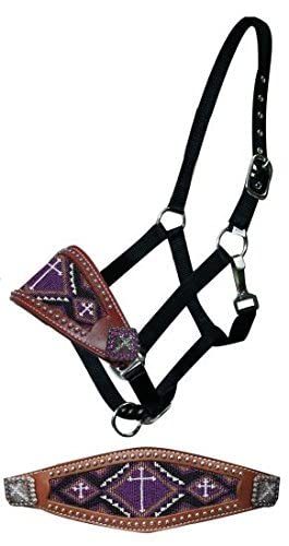 Showman Leather Bronc Halter w/Beaded Cross Design - color: Purple