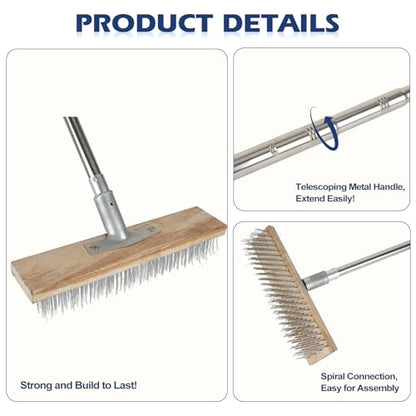 Floor Scrub Brush, Deck Brushes for Scrubbing Heavy Duty, Concrete Scrubber Outdoor Broom, Metal Wire Pool Brush Stainless Steel, Garage Patio Gunite Tile Algae Moss Cleaning Tool Long Handle