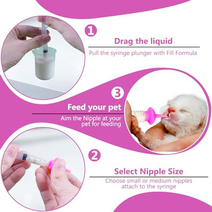 Pet Feeding Nipple with Syringe, Soft Silicone Nursing Pet Feeding Bottle, Ventilation Valve Resistant Tearing for Puppies, Kittens, Rabbit, Small Wildlife (L Nipple,Pink) - color: Pink-L Size