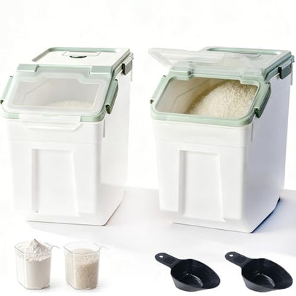 RUIAN 2Pcs Large Flour Storage Container Bin 50Lb Airtight Rice Storage Containers with Wheels Seal Locking Lid, BPA Free with Measuring Cup&Scoop for Flour, Rice, Grain 100LBS Total (Green) - color: Green2Pack 50Lb