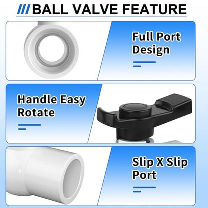 PVC Ball Valve 1-1/2 inch, 2Pack 1.5 inch PVC Shut Off Valve with Double Socket Full Flow Port, Schedule 40 Plastic Control Valve, Using for Commercial、Swimming Pool, Irrigation System - size: 1-1/2 inch
