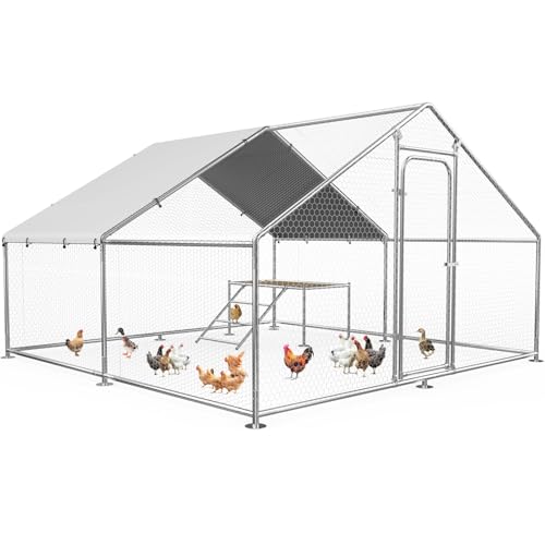 Large Metal Chicken Coop with Roosting Ladder, UV-Resistant and Waterproof Cover, Outdoor Walk-in Cage Hen House for Yard Farm Rabbit Duck Chicken Run, Spire Roof (13.1'W x 9.8'L x 6.4'H) - size: 157.5"L x 118.0"W x 78.0"H