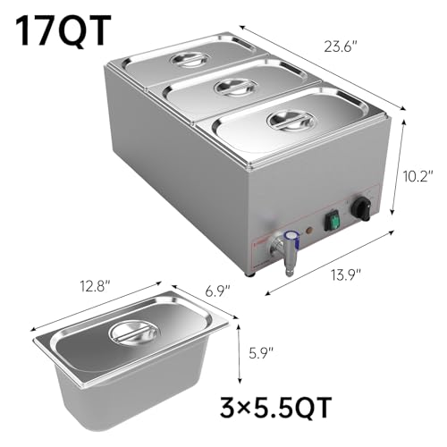 Valgus 3 Pan 17QT Commercial Bain Marie, Stainless Steel Food Warmer | 900W adjustable temp,auto boil dry shut-off,3 lids included,drain tap,easy clean,for restaurant catering buffet banquet - size: 3 Sections with Tap