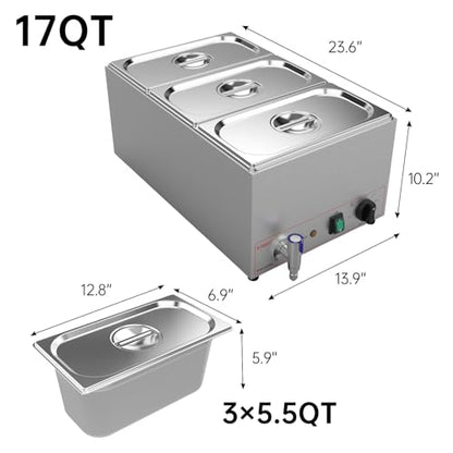 Valgus 3 Pan 17QT Commercial Bain Marie, Stainless Steel Food Warmer | 900W adjustable temp,auto boil dry shut-off,3 lids included,drain tap,easy clean,for restaurant catering buffet banquet - size: 3 Sections with Tap