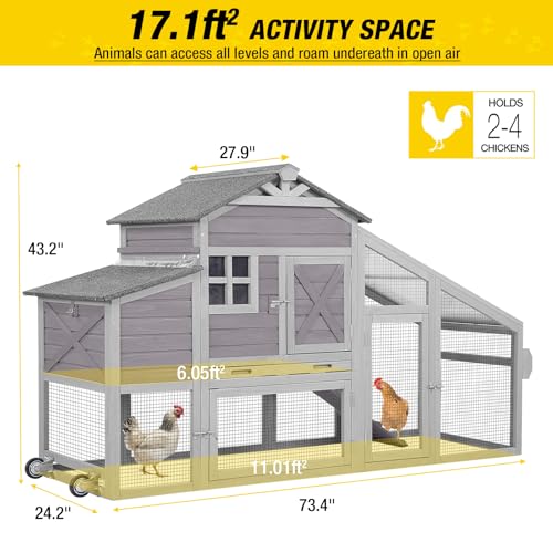 Aivituvin Chicken Coop Mobile Chicken House on Wheels Expandable Wooden Poultry Cage with Large Nesting Box Leakproof Pull-Out Tray Rabbit Hutch Bunny Cage,UV-Resistant Roof (Grey，AIR32) - size: 73.4"L x 27.9"W x 43.2"H