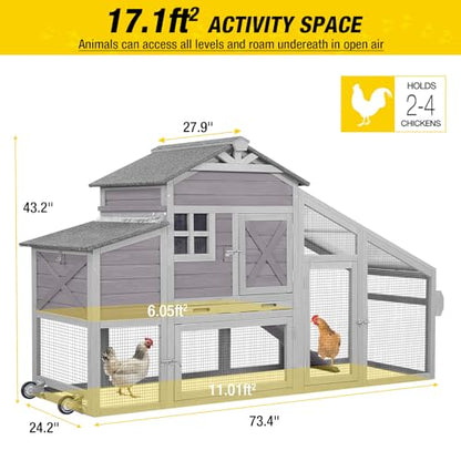 Aivituvin Chicken Coop Mobile Chicken House on Wheels Expandable Wooden Poultry Cage with Large Nesting Box Leakproof Pull-Out Tray Rabbit Hutch Bunny Cage,UV-Resistant Roof (Grey，AIR32) - size: 73.4"L x 27.9"W x 43.2"H