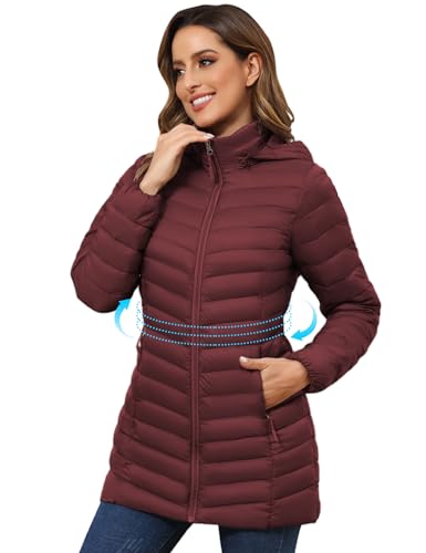 ROYAL MATRIX Women's Packable Puffer Jacket - Lightweight Winter Warm Long Quilted Puffer Coat with Detachable Hood - color: Wine Red, size: Small