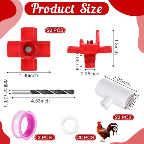 20 Pack Chicken Nipple Waterer with 1/2" PVC Tee Fittings, Automatic Poultry Waterer Kit Chicken Nipples for DIY Chicken Duck Quail Watering System, Side Mount Drinker