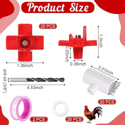 20 Pack Chicken Nipple Waterer with 1/2" PVC Tee Fittings, Automatic Poultry Waterer Kit Chicken Nipples for DIY Chicken Duck Quail Watering System, Side Mount Drinker