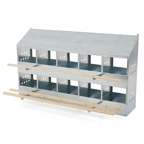 Brower 2-Tier 10-Hole Galvanized Steel Chicken Nesting Box, 50 to 60 Hen Capacity – Outdoor Poultry Laying Station with Hinged Folding Perches, Ventilated Design & Slanted Roof – Made in the USA - size: 10-Hole