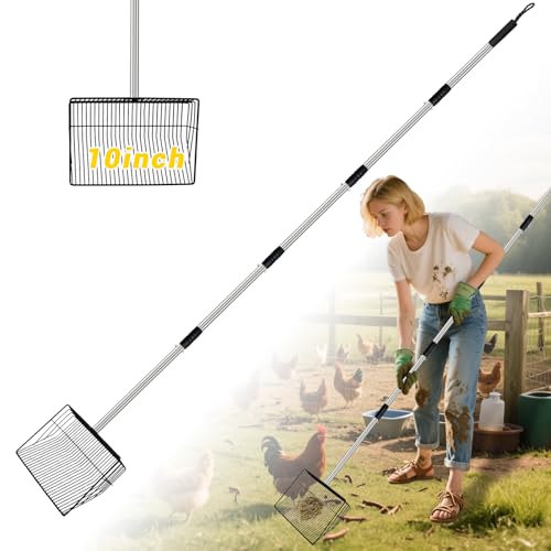 Metal Chicken Poop Scooper, 5-in-1 Detachable Chicken Coop Scoop Rake, Long Stainless Steel Handle, Chicken Litter Scoop Sifting Shovel Chicken Coop Scooper for Sand (10inch Large) - size: 10inch Large