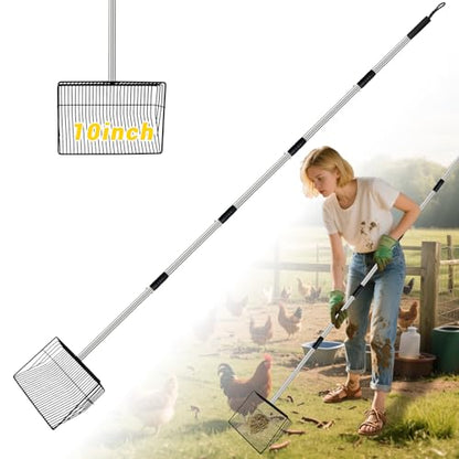 Metal Chicken Poop Scooper, 5-in-1 Detachable Chicken Coop Scoop Rake, Long Stainless Steel Handle, Chicken Litter Scoop Sifting Shovel Chicken Coop Scooper for Sand (10inch Large) - size: 10inch Large