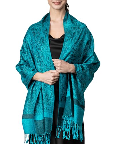 Achillea Two-Tone Vintage Paisley Pashmina Scarf – Lightweight Wrap & Shawl for Dresses, Weddings, Travel, All Seasons - color: Dark Sea Green
