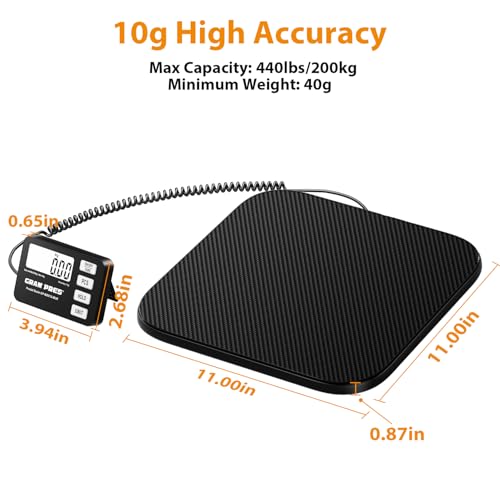 GRAM PRES Shipping Scale 440 lbs/10g Digital Postal Scale with LCD Display, Hold/Tare/Pcs Functions for Packages/Luggage/Post Office/Dog, Battery & USB Cable Included