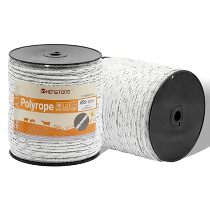 White Electric Fence Poly Rope 1/4 Inch 656ft for Horses | Upgraded portable polyrope, 6×0.18mm stainless steel conductors, safe for large farm animals