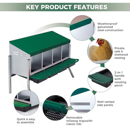 Chicken Nesting Box 4-Compartment Roll-Out with Pull-Out Trays, Egg Nesting Boxes for Hens, Chicken Coop Laying Box,Easy Wall Mounting with Metal Legs - color: green, size: 4 holes with legs