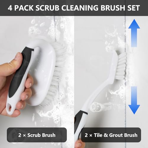 Scrub Brush Set, 4 Pack Deep Cleaning Brush Kit - 2 Scrub Brush, 2 Tile & Grout Brush with Built-in Scraper, Household Commercial Scrubber for Floor, Shower, Pool Wall, Tub (Black) - color: Black
