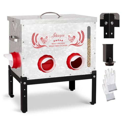 40Lb Automatic Chicken Feeder - No Waste Metal Chicken Feeders 6 Port Metal Silo with Locking Lid, Rat & Rodent Proof Weatherproof Design, Adjustable Legs for Poultry Outdoor Coop & Backyard Chickens