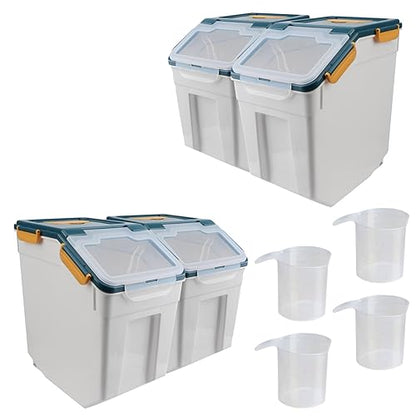 4 Pack Grain Food Storage Container, 20LB Airtight Rice Bin Storage Bucket with Spoon and Measuring Cup, Large Flour Dispenser Container Set 80LB Total Capacity - color: Blue