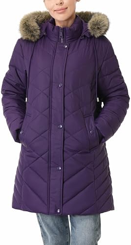 Women's Long Warm Winter Coat Windproof Thickened Fleece Lined Down Jacket Waterproof Puffer Outerwear with Removable Hood - color: Purple, size: Large
